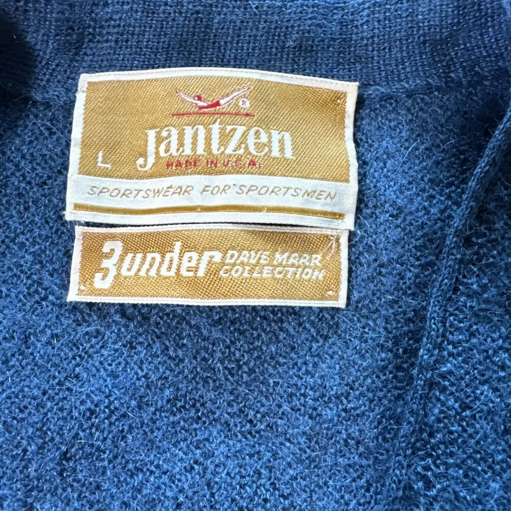 Jantzen Vintage Mens L Blue Marl Knit Button Front Cardigan Sweater Made in USA